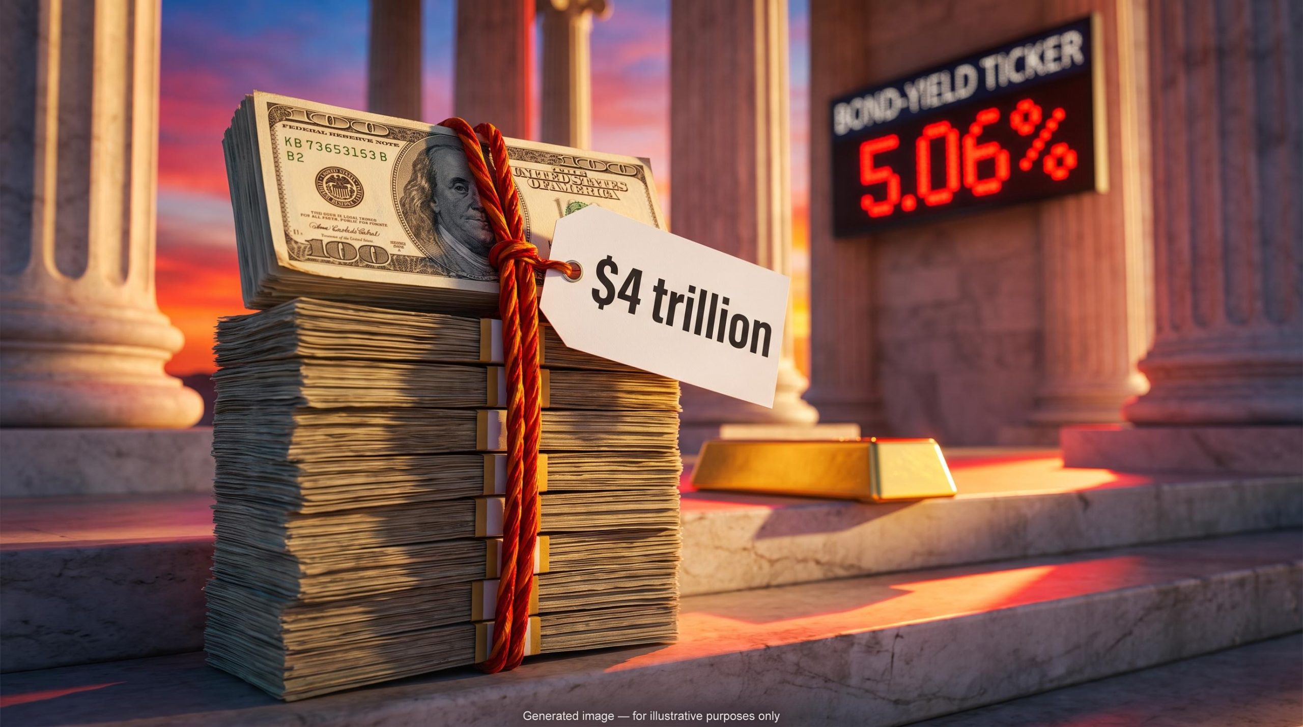 Red ribbon tightening around US dollar bundles beside a gold bar, with a 5.06% yield board, symbolising a sovereign debt crisis