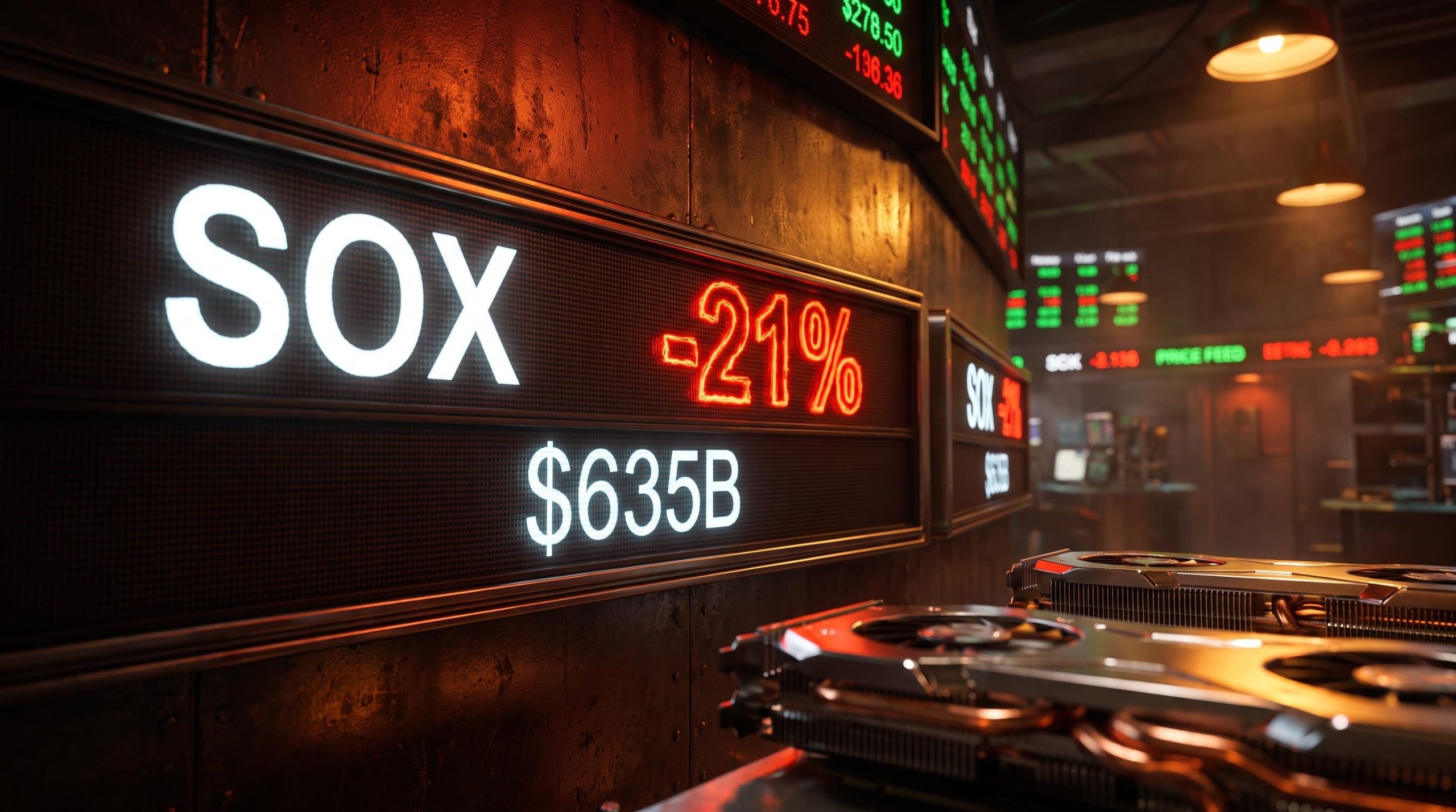 SOX index -21% ticker display amid $635B AI capex tension on a dramatic trading floor