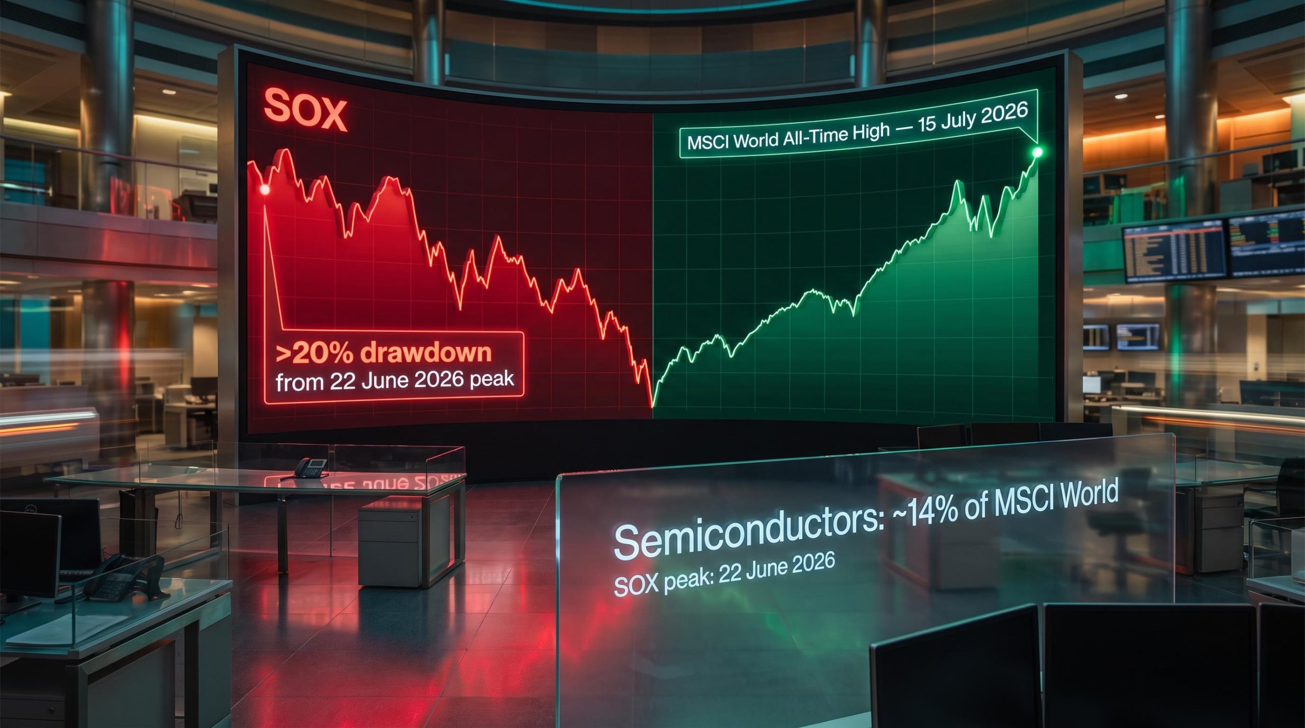 SOX bear market 20% drawdown contrasted with MSCI World all-time high on 15 July 2026 split display