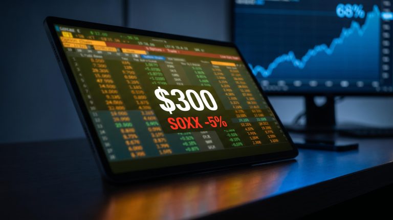 SOXX options terminal showing $300 call skew premium after a 5% semiconductor ETF decline