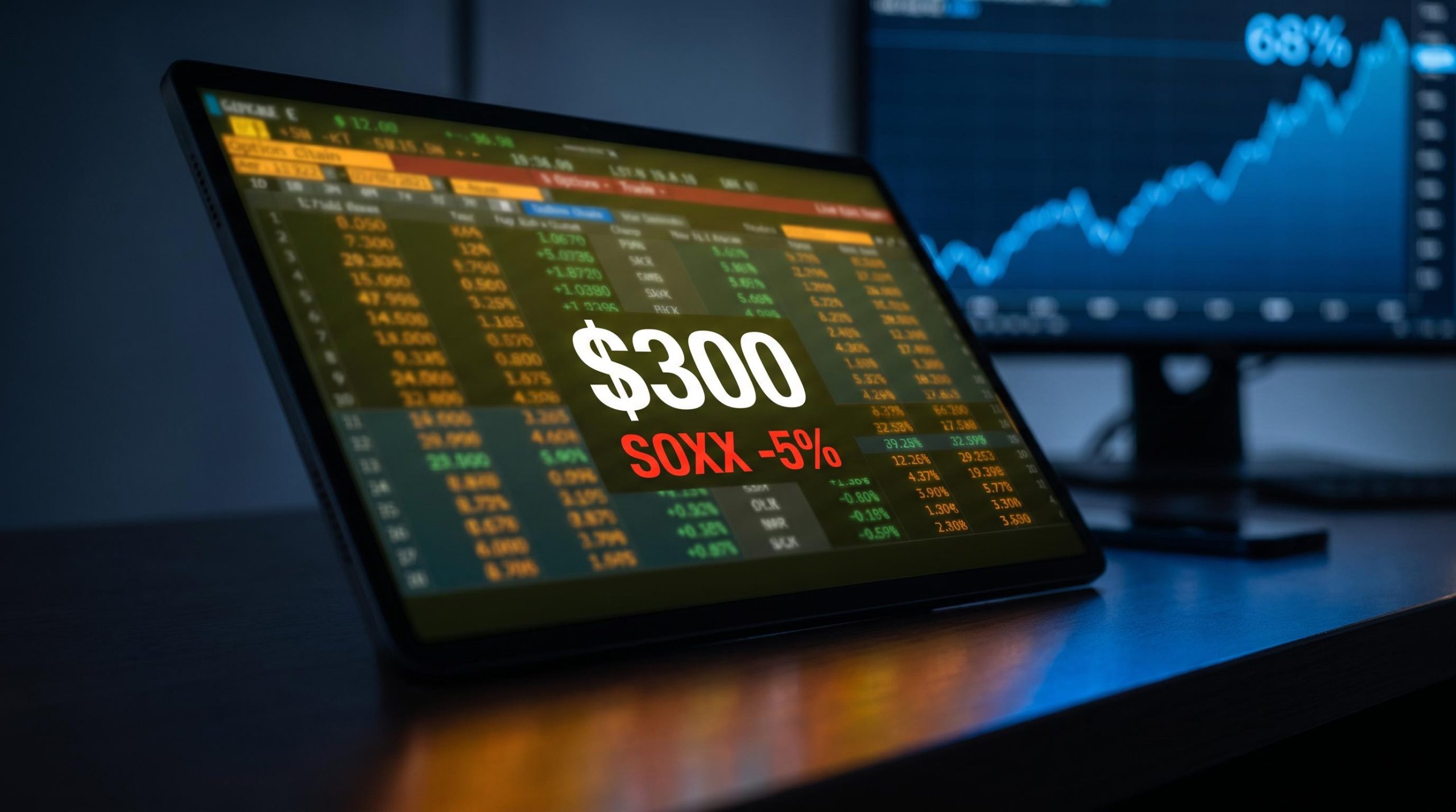 SOXX options terminal showing $300 call skew premium after a 5% semiconductor ETF decline
