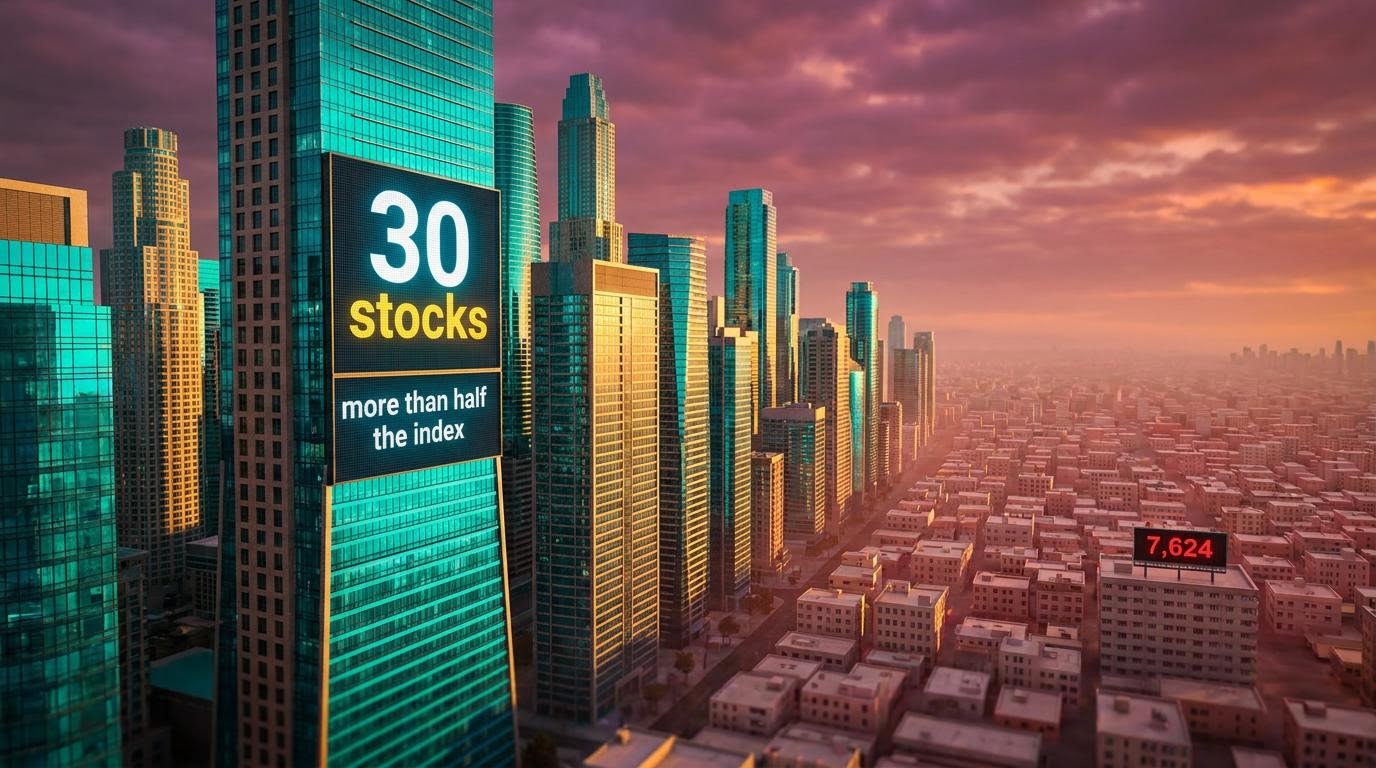 Skyline of about thirty glowing towers dwarfing low-rise city, symbolising S&P 500 concentration and the "30 stocks" weighting