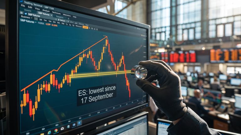 S&P futures breakdown shown on a trading screen as a loupe inspects the broken trend line and head-and-shoulders neckline