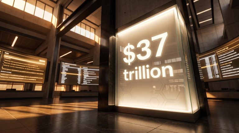 Monumental financial hall with $37 trillion illuminated on glass panel — S&P Global OpenZeppelin acquisition