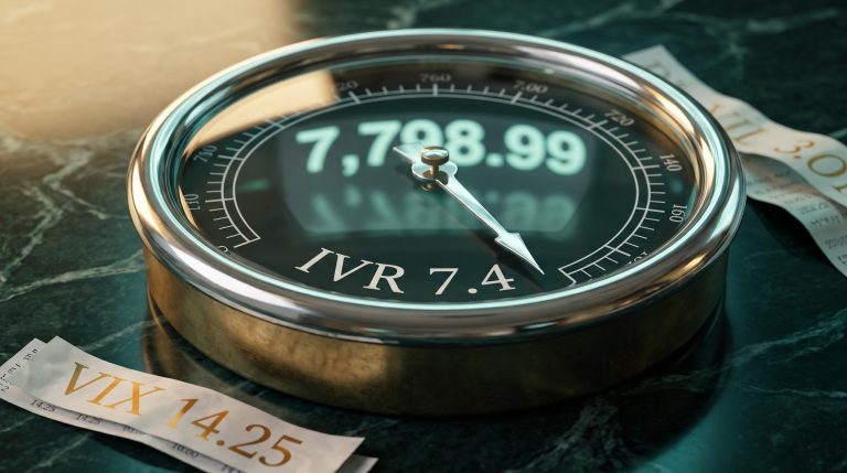 Chrome barometer pinned at IVR 7.4 with S&P 500 record 7,798.99 glowing behind the dial — volatility compression explainer