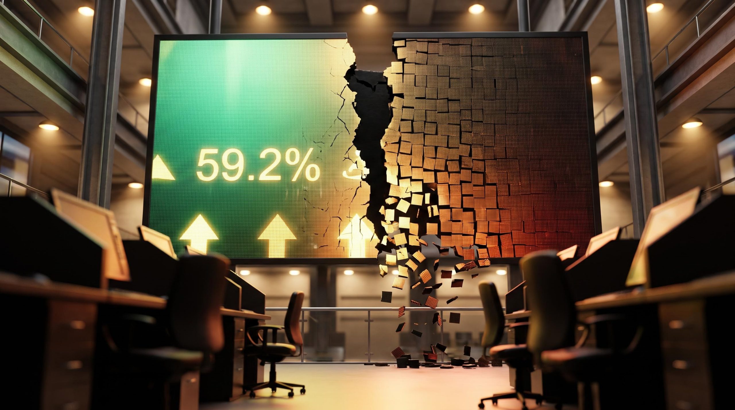 S&P 500 split display board showing 59.2% of stocks in bear-market territory beneath a record-high index