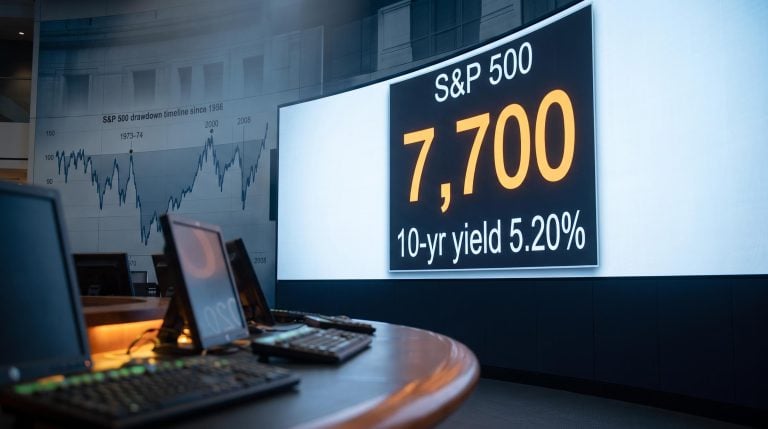 S&P 500 trading floor screen showing 7,700 index level and 10-year yield 5.20% in RBC crash-vs-correction analysis