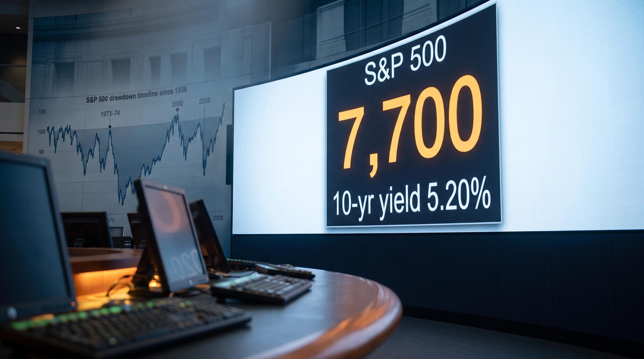 S&P 500 trading floor screen showing 7,700 index level and 10-year yield 5.20% in RBC crash-vs-correction analysis