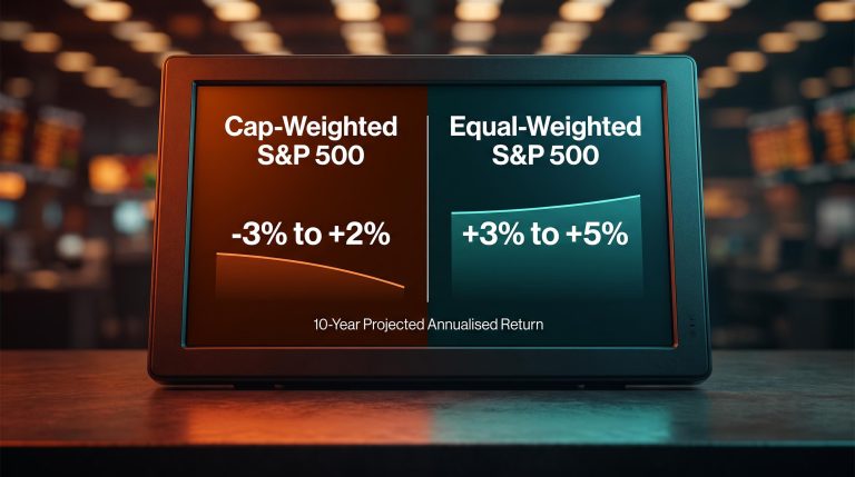 S&P 500 forecast terminal showing BofA cap-weighted vs equal-weighted 10-year projected return split
