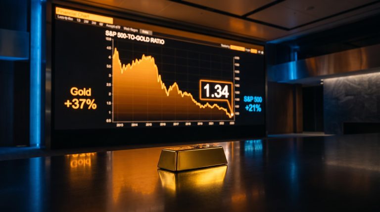 S&P 500-to-gold ratio compressed to 1.34 as gold returns 37% versus equities' 21% over twelve months