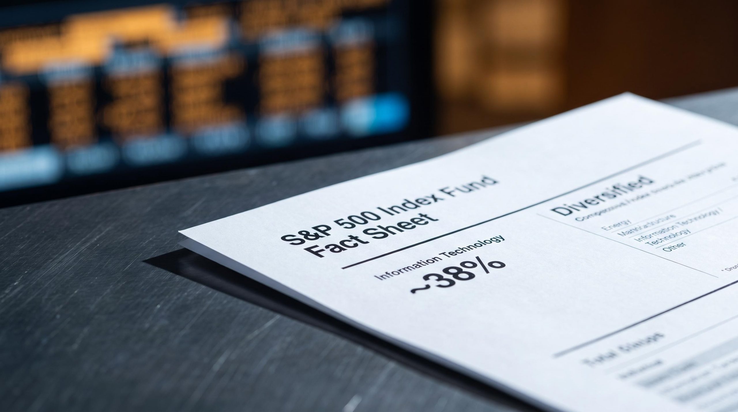 S&P 500 fund fact sheet showing ~38% Information Technology weight, revealing AI-driven concentration risk in index funds