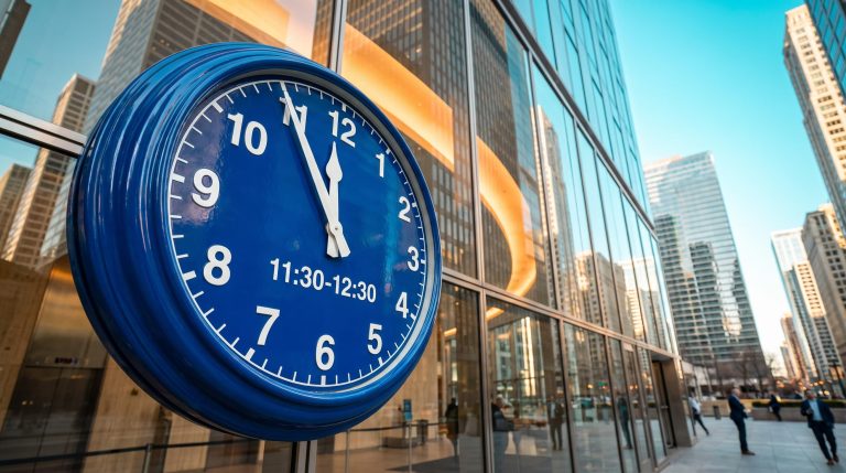Clock on a Chicago tower at 11:30-12:30 with a U-shaped light curve, illustrating S&P 500 intraday behavior at midday