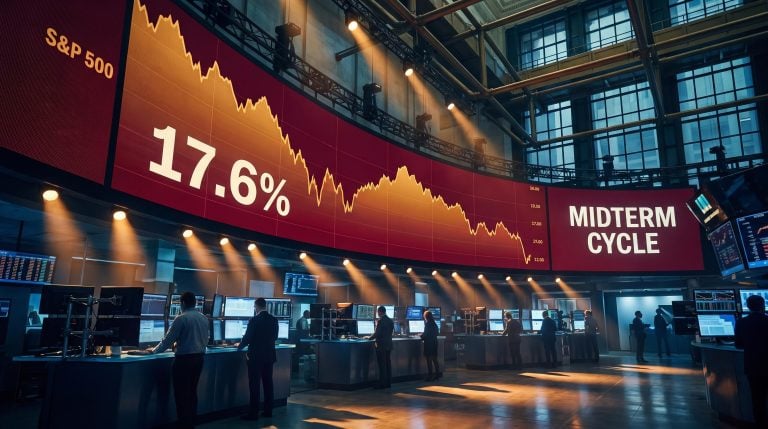 S&P 500 trading floor display showing 17.6% midterm drawdown average as volatility catalysts converge