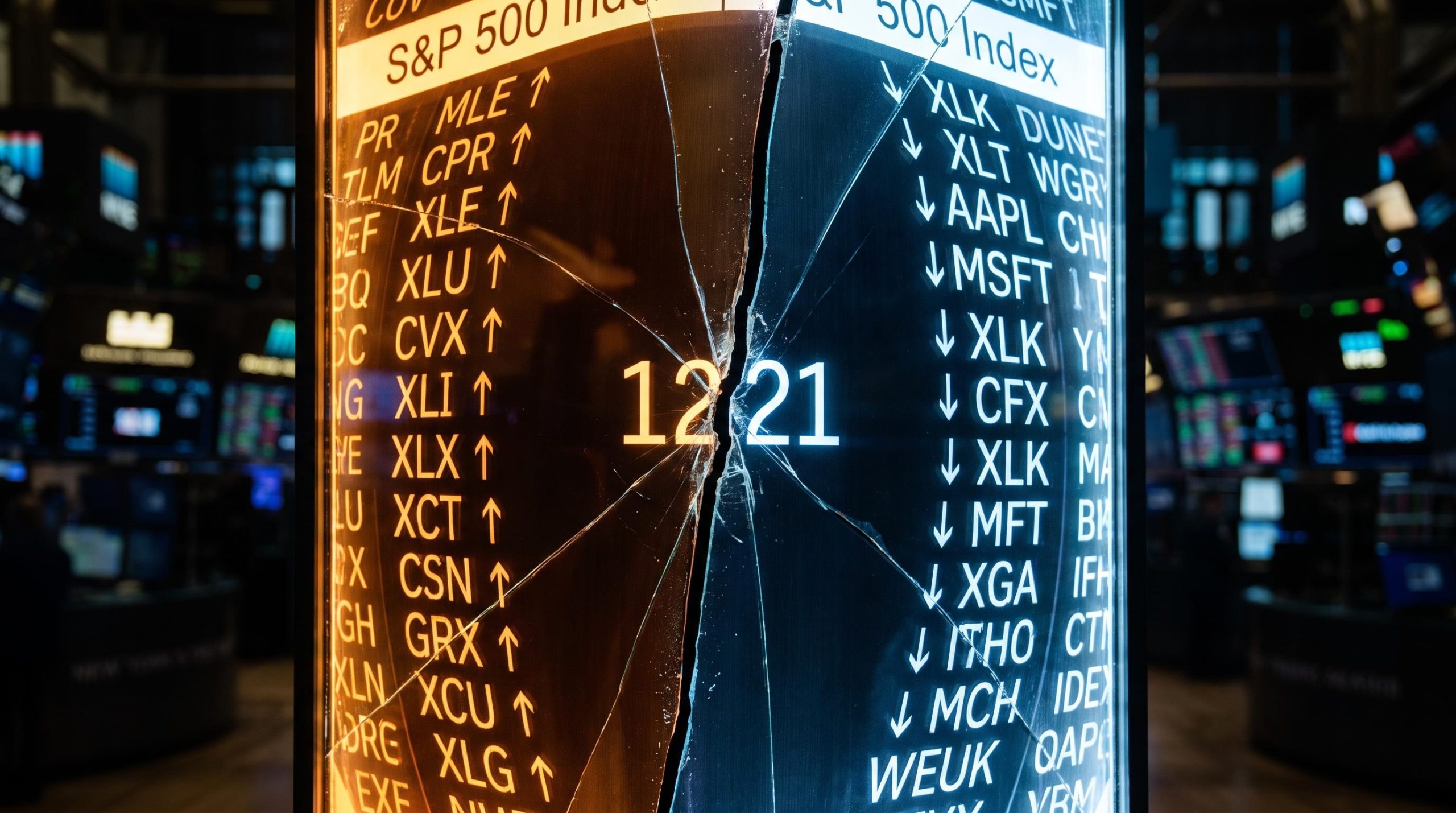 S&P 500 index panel split into amber and blue halves showing 121 negative-beta stocks fracturing the index