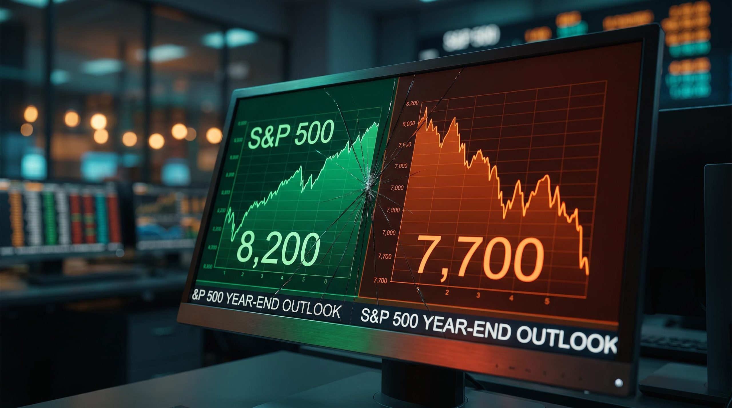 Split S&P 500 terminal screen showing 8,200 bull target vs 7,700 bear target in cracked display