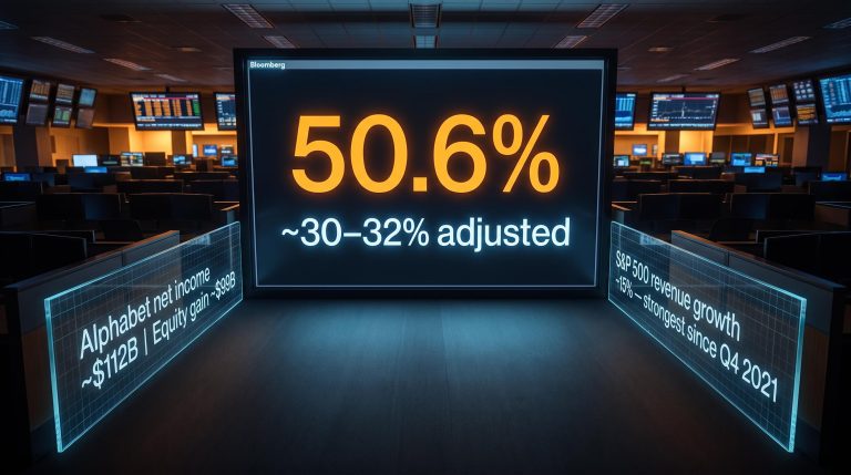 S&P 500 Q2 2026 earnings 50.6% headline vs 30–32% adjusted rate displayed on trading floor screens