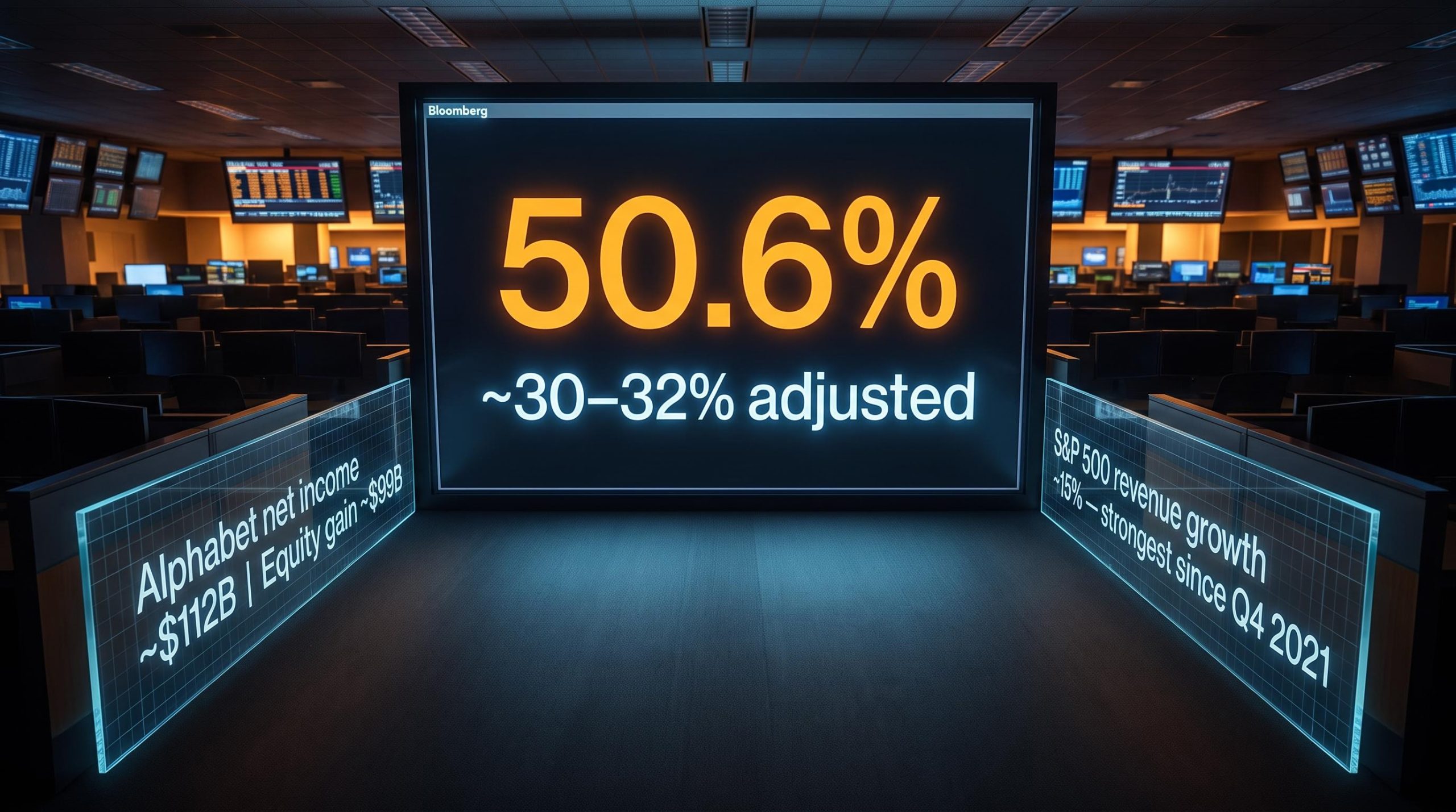 S&P 500 Q2 2026 earnings 50.6% headline vs 30–32% adjusted rate displayed on trading floor screens