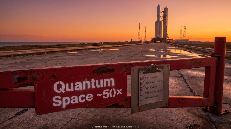 Red checkpoint gate stencilled Quantum Space ~50× blocks a launch pad, illustrating space stock valuation screening