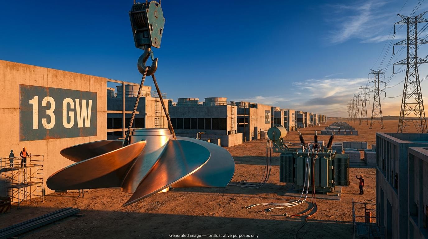 Turbine blade before an unfinished data-centre campus and a "13 GW" sign, showing the SpaceX AI infrastructure buildout power gap