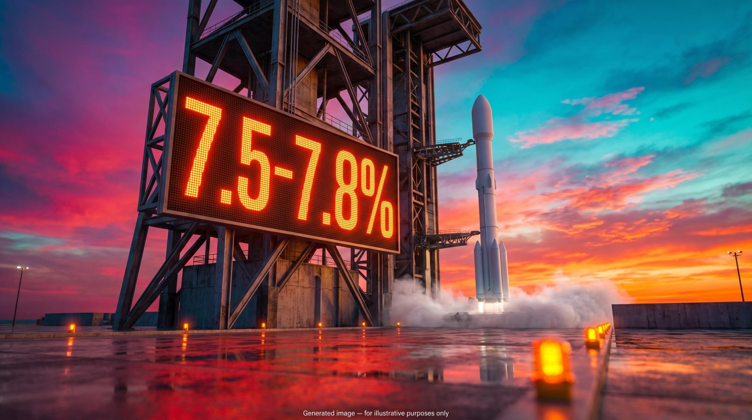Rocket on launch pad beside glowing 7.5-7.8% countdown sign, illustrating SpaceX earnings options implied move
