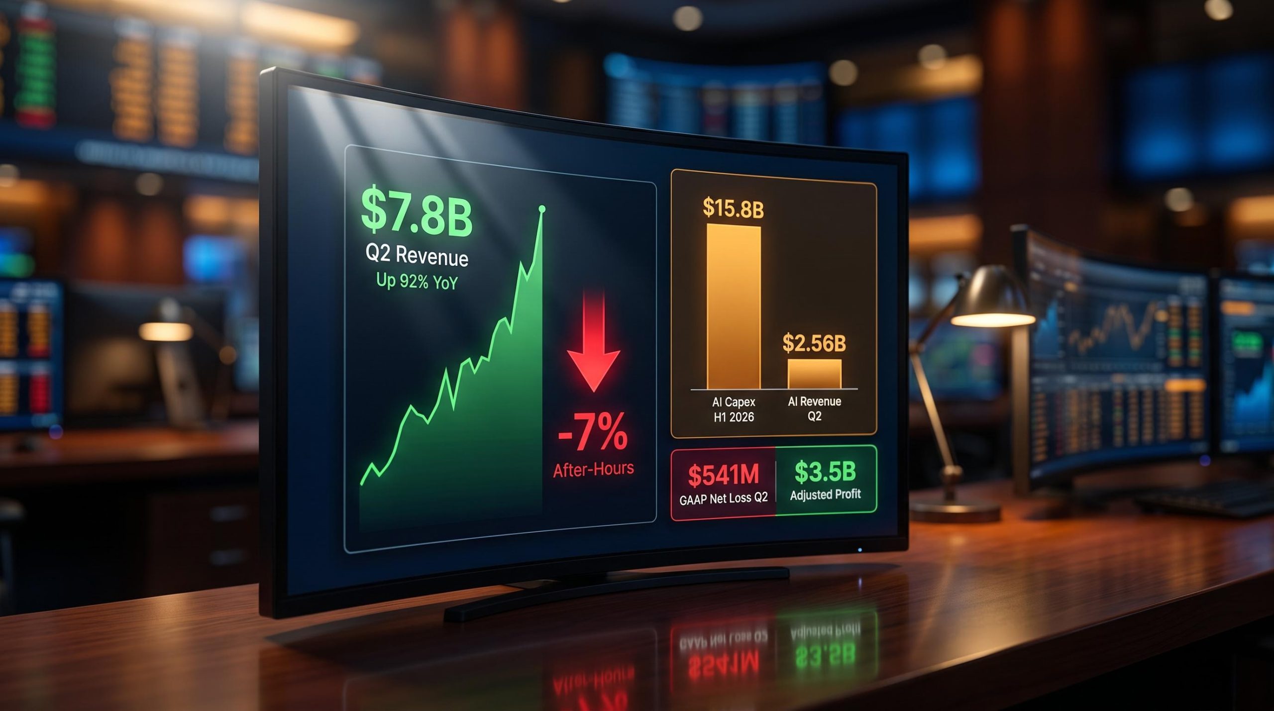 SpaceX Q2 earnings screen showing 92% revenue growth and $15.8B AI capex against a 7% after-hours drop