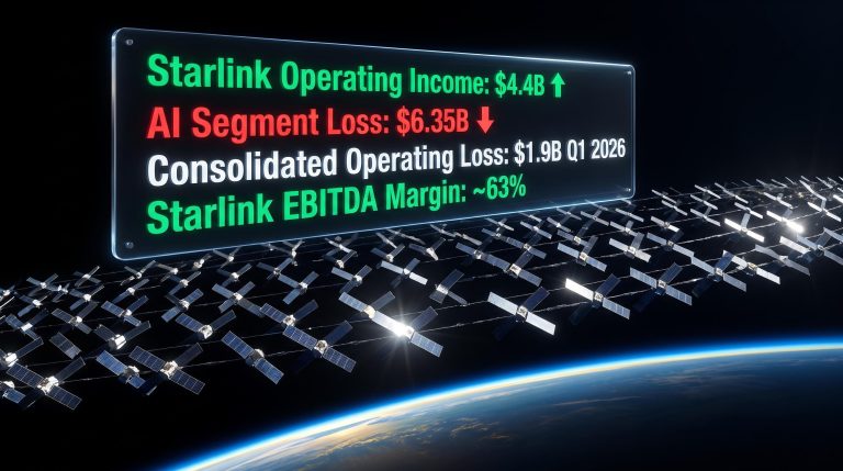 Starlink satellites in orbit with SpaceX earnings data: $4.4B operating income vs $6.35B AI segment loss