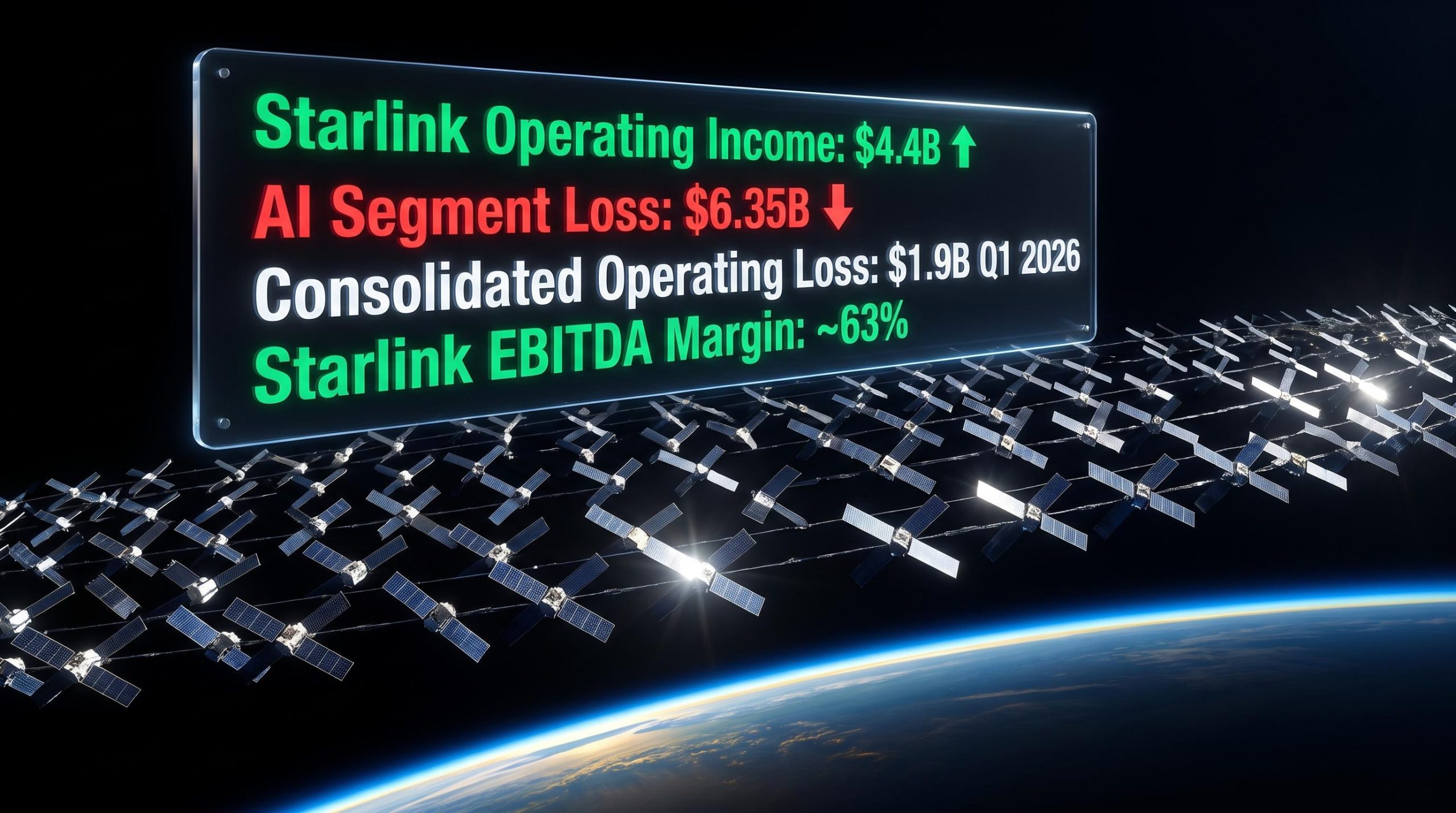 Starlink satellites in orbit with SpaceX earnings data: $4.4B operating income vs $6.35B AI segment loss