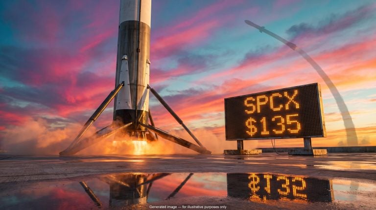 Rocket booster on a launch pad beside an amber SPCX ticker board showing $135, illustrating scrutiny of the SpaceX IPO