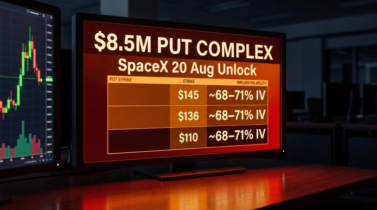 SpaceX options terminal showing $8.5M tiered put structure across $145, $136, $110 strikes ahead of 20 Aug lockup