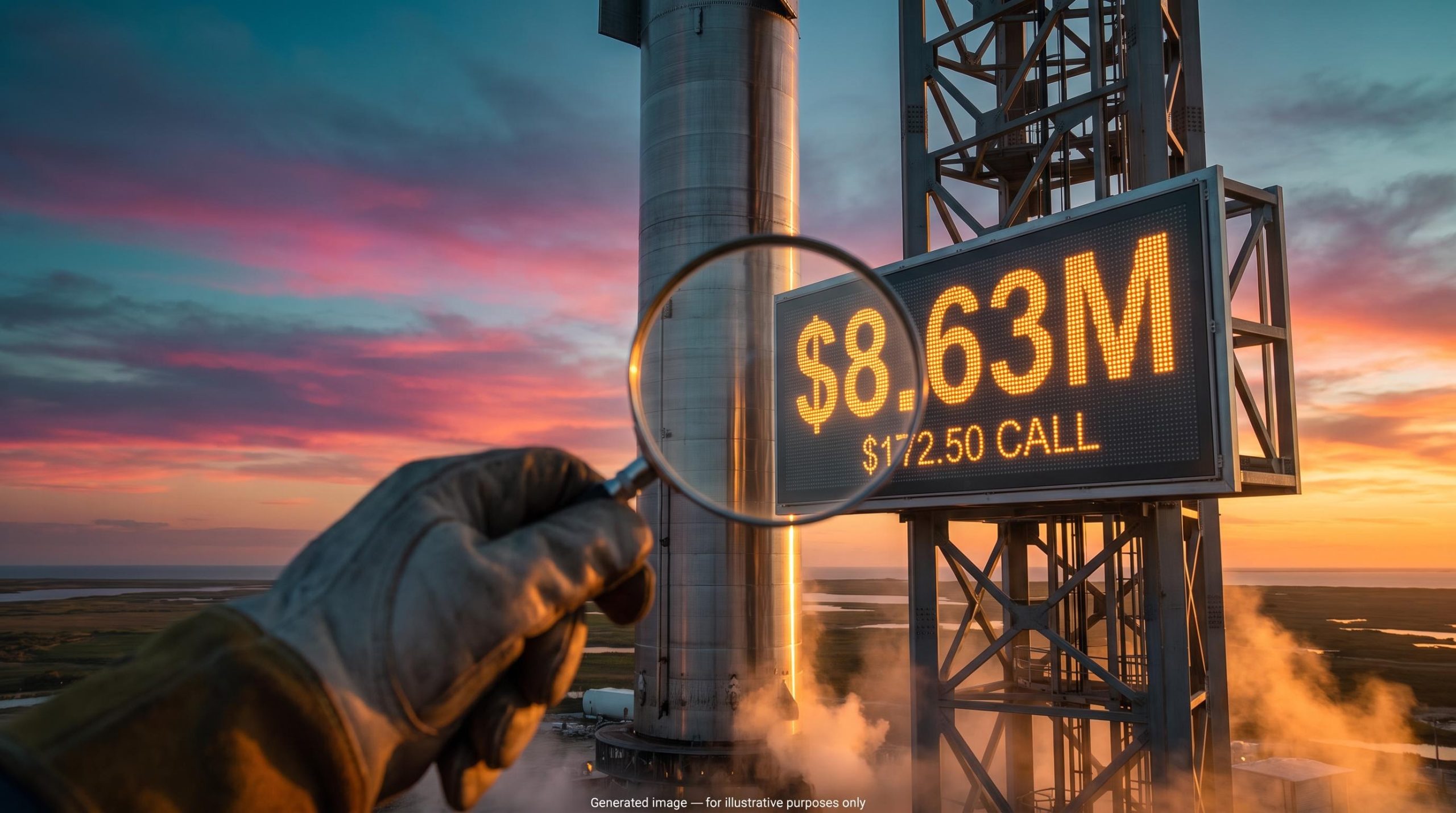 SpaceX options flow scrutinised: magnifying lens over an $8.63M call purchase sign beside a rocket booster at sunset