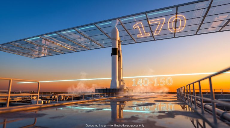 Rocket on launch pad between glass ceiling and floor marking 170 and 140-150, illustrating SpaceX options positioning