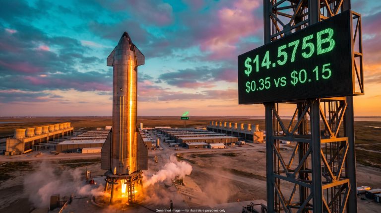 Starship at Starbase beside a scoreboard showing $14.575B revenue, illustrating SpaceX Q3 2026 earnings beat