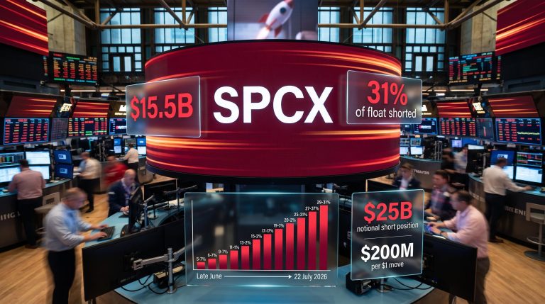 SPCX ticker on trading screen with $15.5B short profit and 31% float shorted data panels overlaid