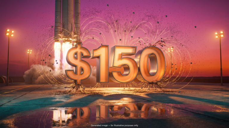 Glowing $150 sculpture pulling iron filings beside a rocket, illustrating the SpaceX stock price magnet level