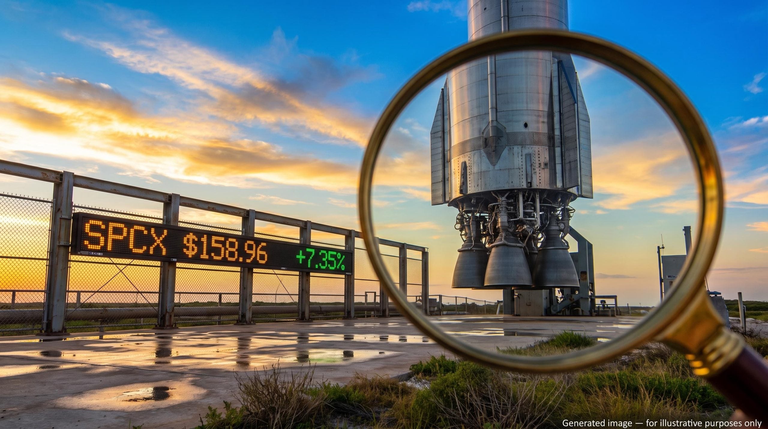 SpaceX stock analysis: Starship rocket seen through a magnifying lens with SPCX ticker at $158.96, up 7.35%