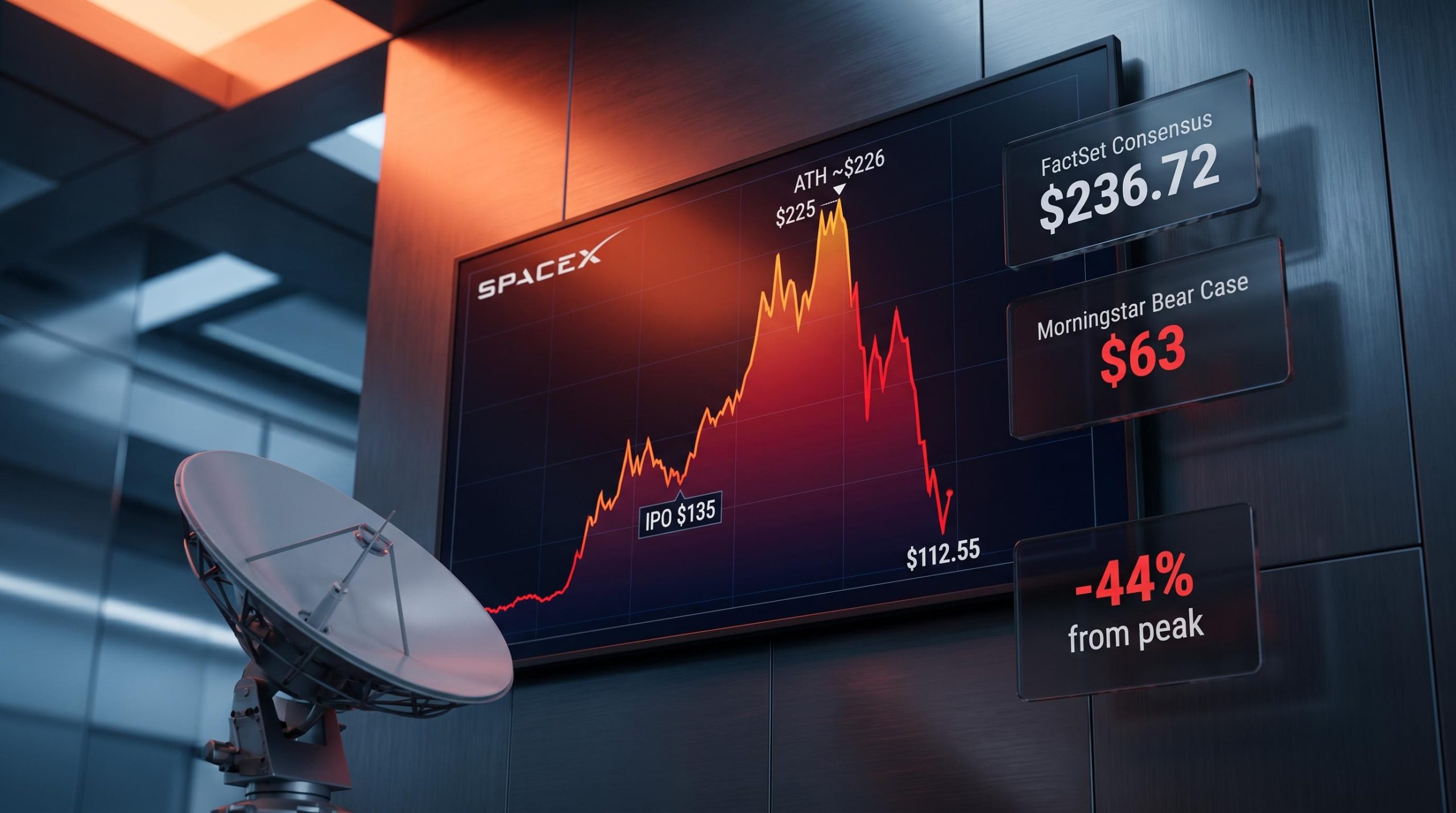 SpaceX stock chart showing 44% crash from $226 peak to $112.55 with analyst targets $63 vs $236.72