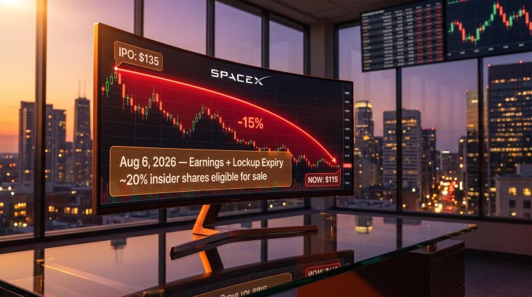 SpaceX stock chart showing $135 IPO price vs $115 current level with Aug 6 lockup expiry panel