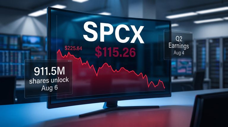 SPCX trading screen showing $115.26 price with 911.5M share unlock and Aug 4 earnings data panels