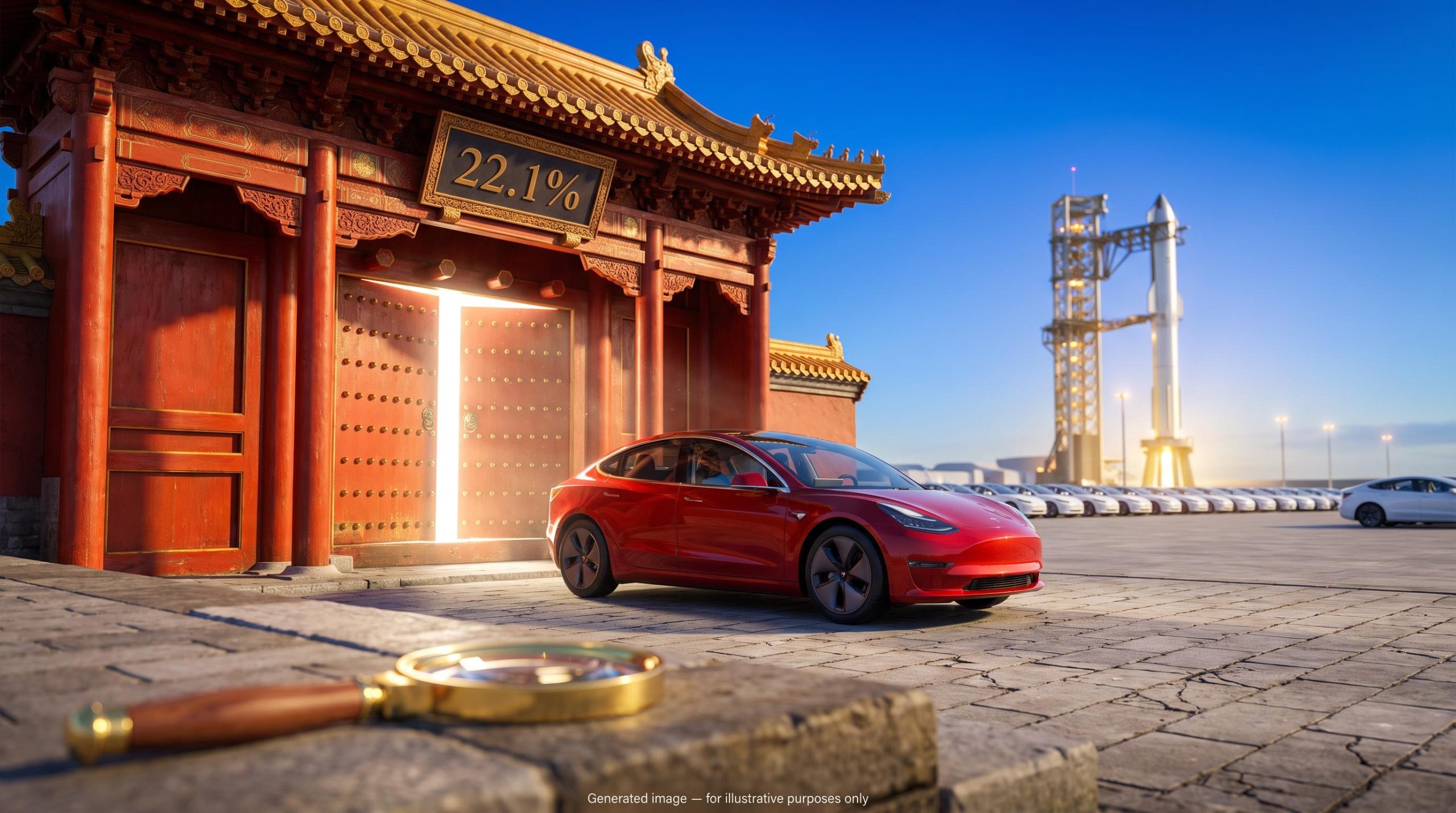 SpaceX Tesla merger analysis: red Tesla before a Chinese gateway marked 22.1%, with a rocket behind, showing Beijing approval risk