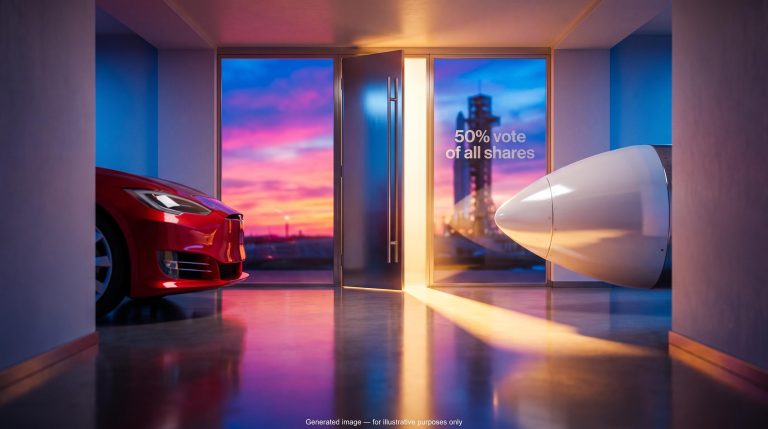 SpaceX Tesla merger talks: car and rocket nose converge on a half-open boardroom door etched with 50% vote of all shares