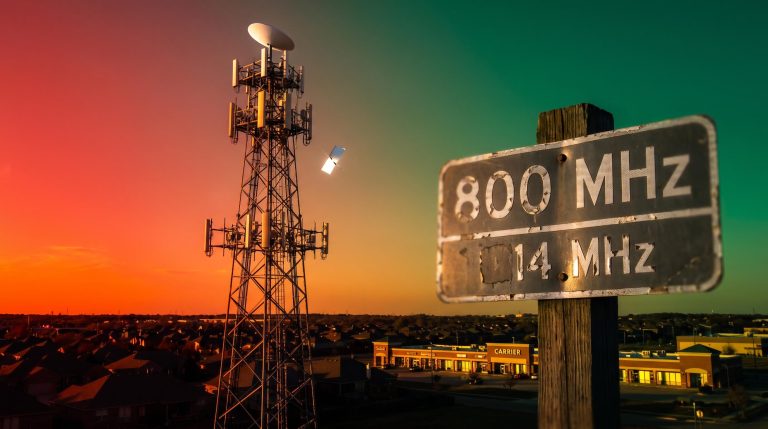 Cell tower topped with satellite dishes beside an 800 MHz sign, illustrating the SpaceX wireless spectrum deal splitting markets