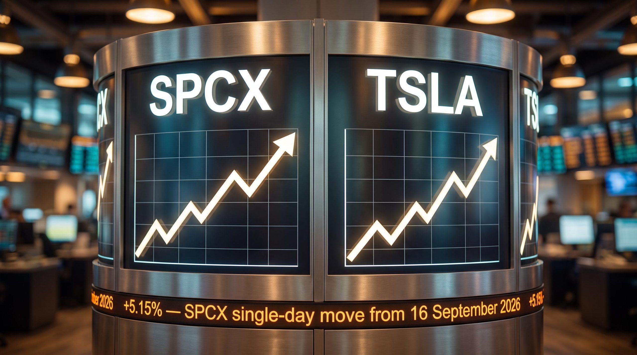 SPCX and TSLA ticker boards showing mirrored price charts — SpaceX Tesla stock correlation driven by Musk-factor risk
