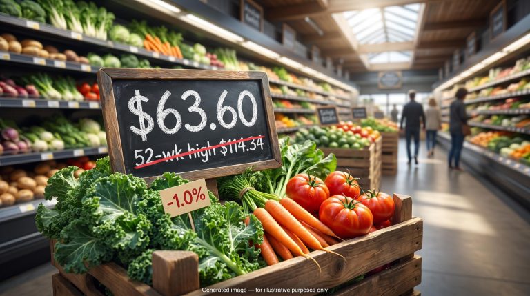 Produce crate with chalkboard price "$63.60" and crossed-out high, illustrating the Sprouts Farmers Market stock discount