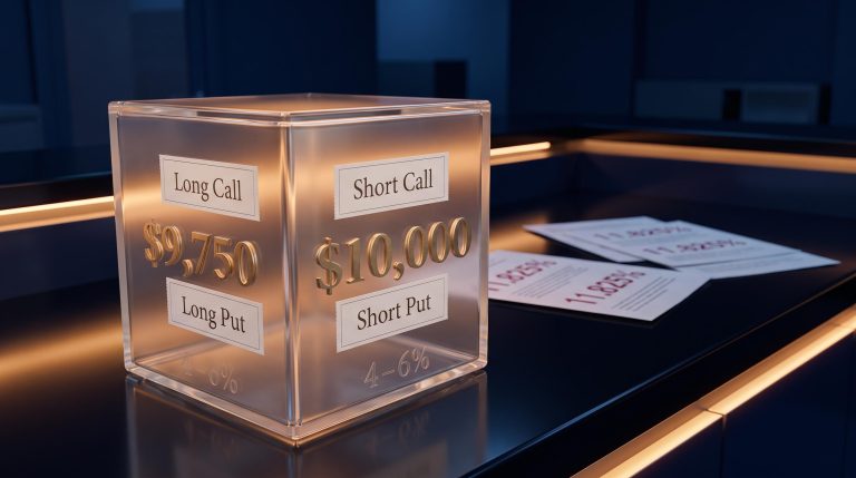 Glass cube representing an SPX box spread synthetic loan with $9,750 and $10,000 figures against 11.825% margin rate