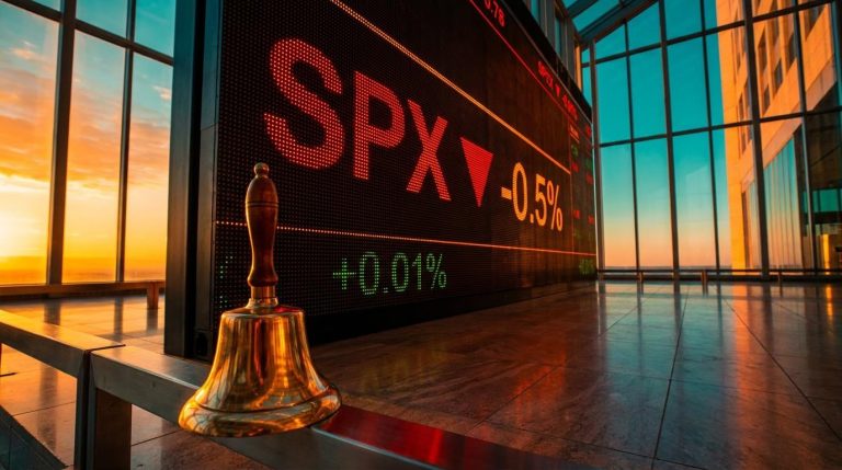 SPX gap down shown on a red LED ticker board beside an opening bell at market open, with a flat +0.01% average return