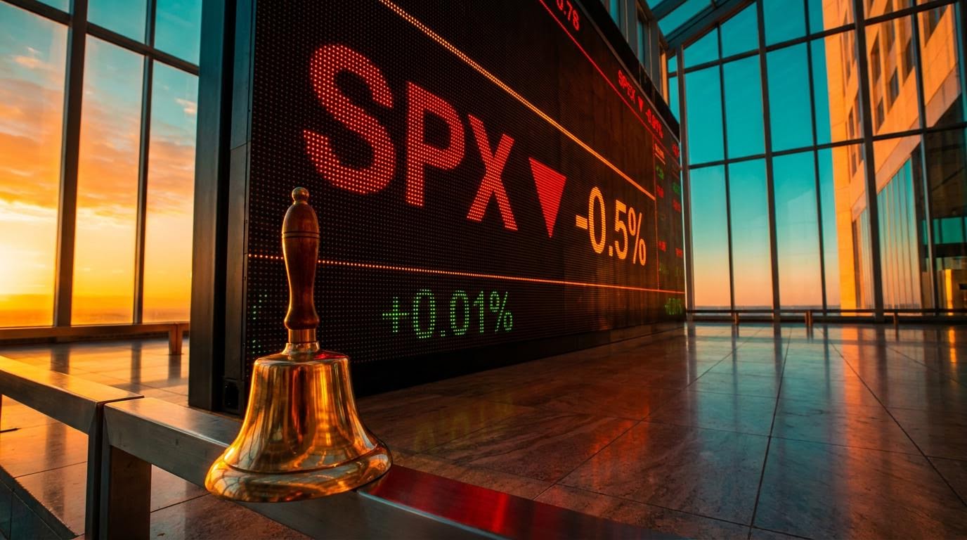 SPX gap down shown on a red LED ticker board beside an opening bell at market open, with a flat +0.01% average return