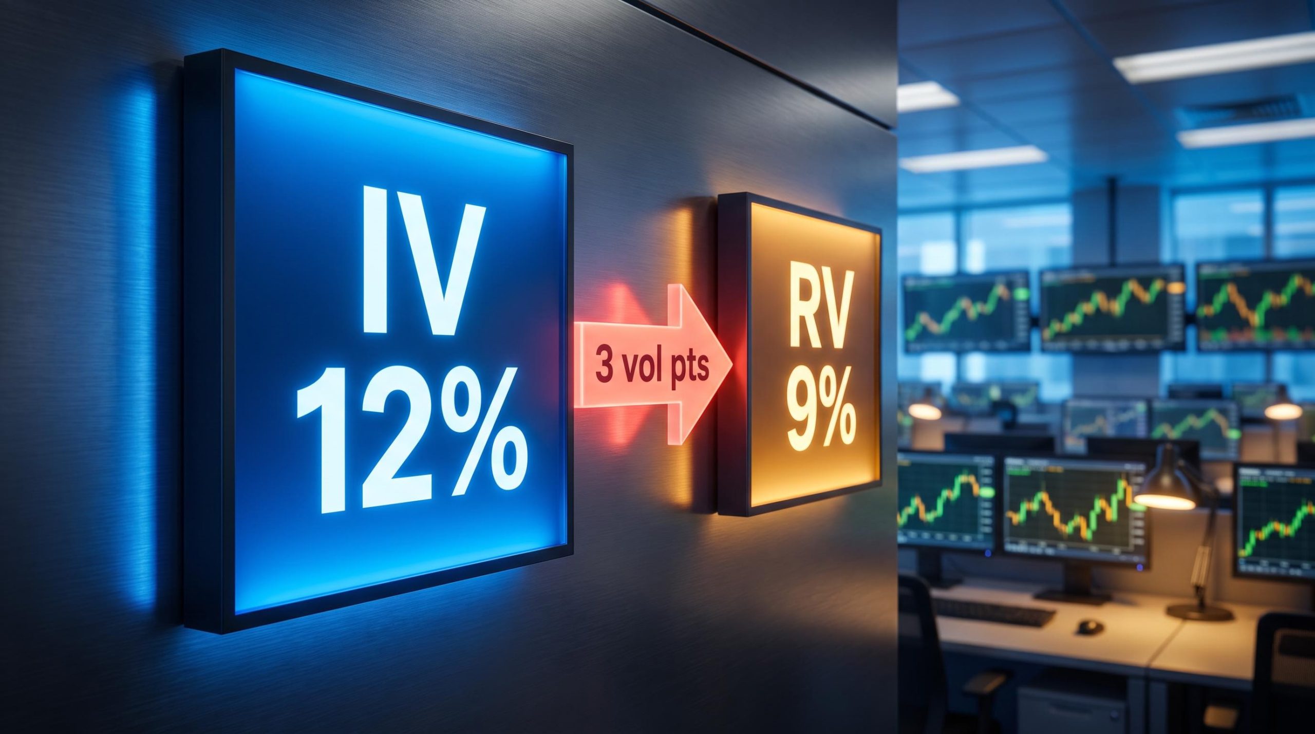 SPY implied vs realized volatility gap displayed on lit trading-floor panels showing 3-point premium spread