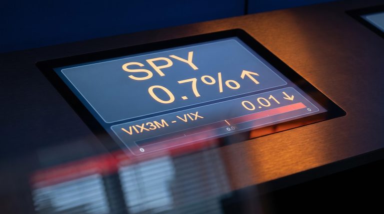 SPY premarket trading screen showing 0.7% gap-up and VIX term structure spread — SPY overnight gap strategy analysis