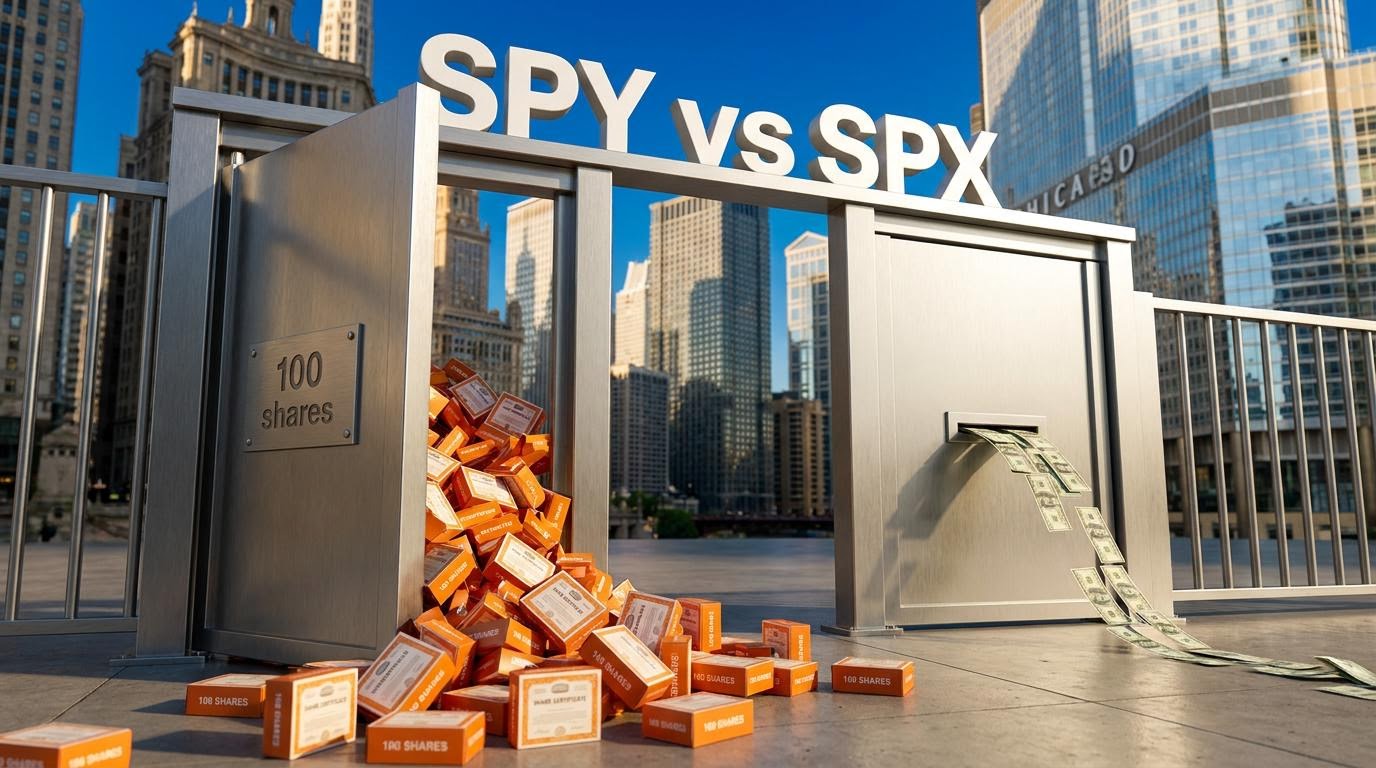 SPY vs SPX options shown as two gates: one spilling 100 shares, the other releasing only cash