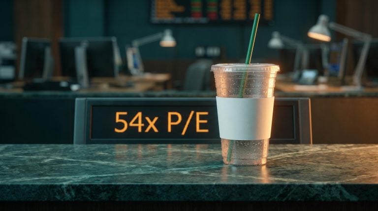 Starbucks cup foregrounded against a blurred trading environment with "54x P/E" displayed — Starbucks investment analysis